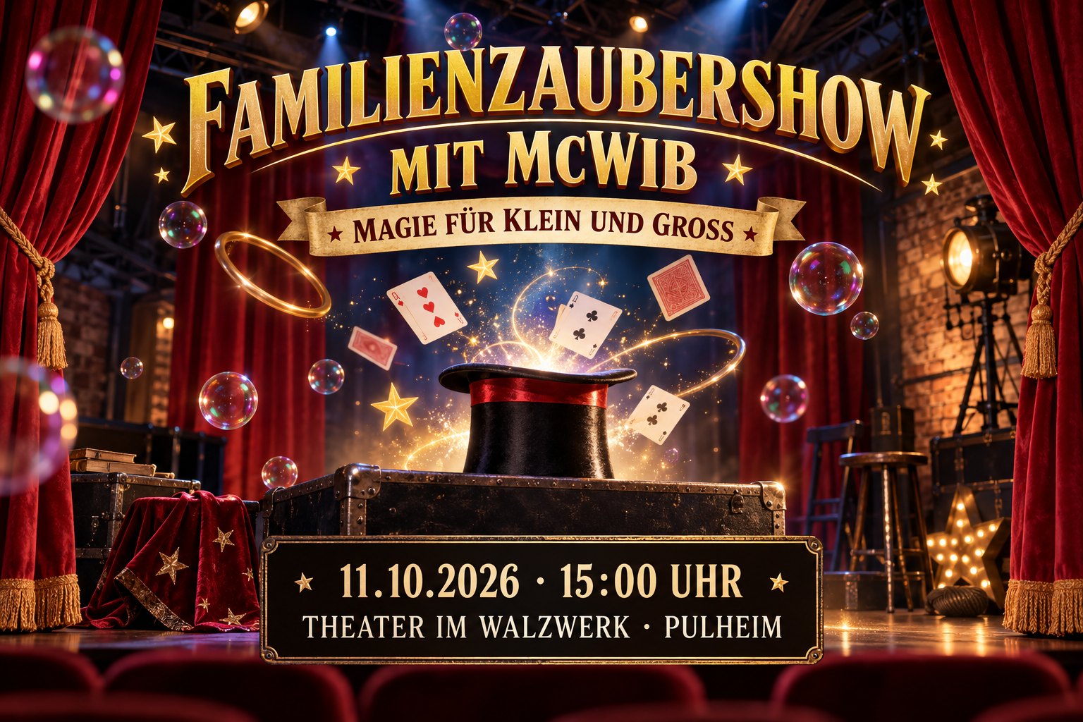 Veranstaltungsillustration zur Familienzaubershow mit McWib im Theater im Walzwerk