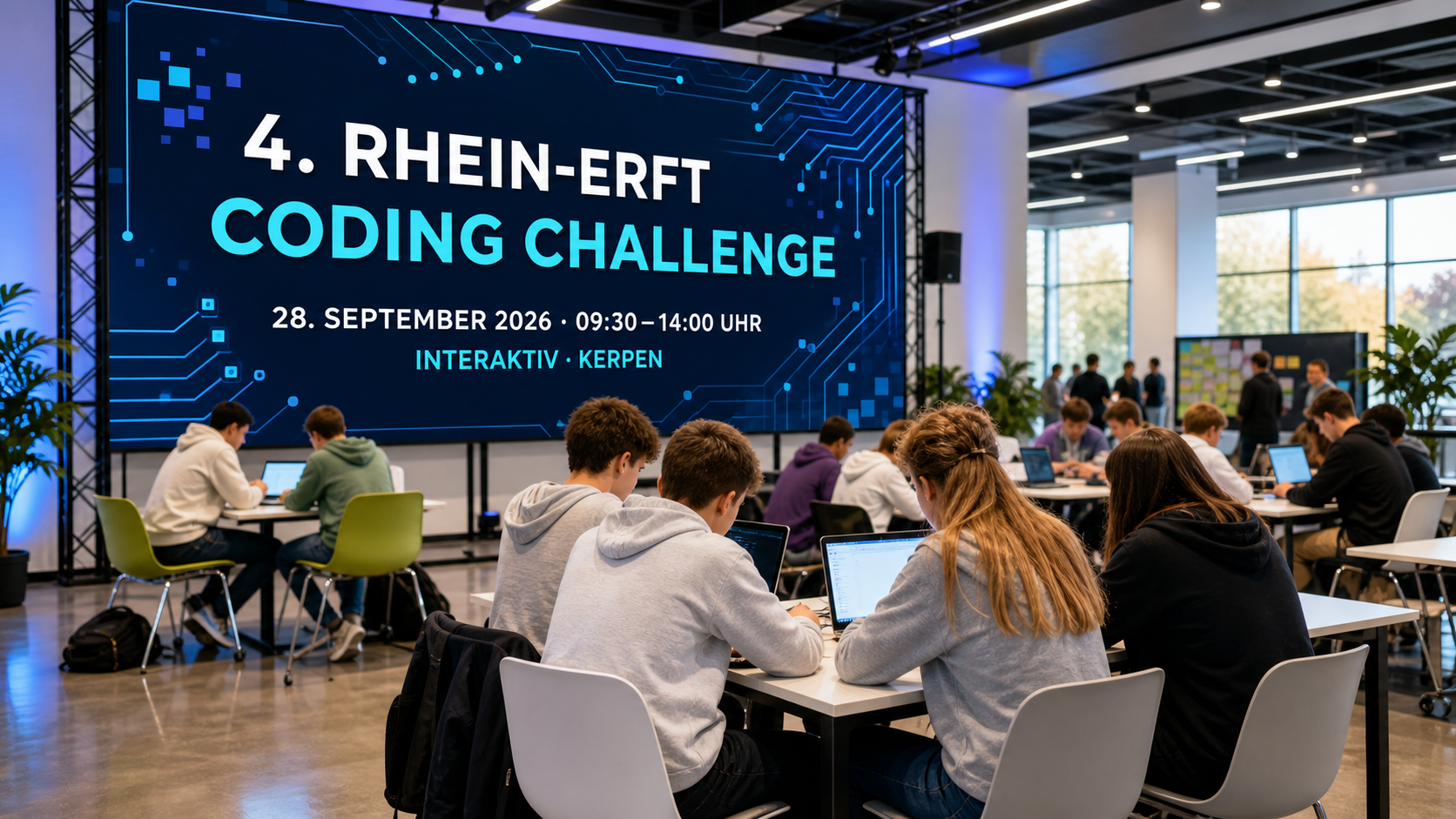 Schülerteams arbeiten bei einem Hackathon gemeinsam an Laptops