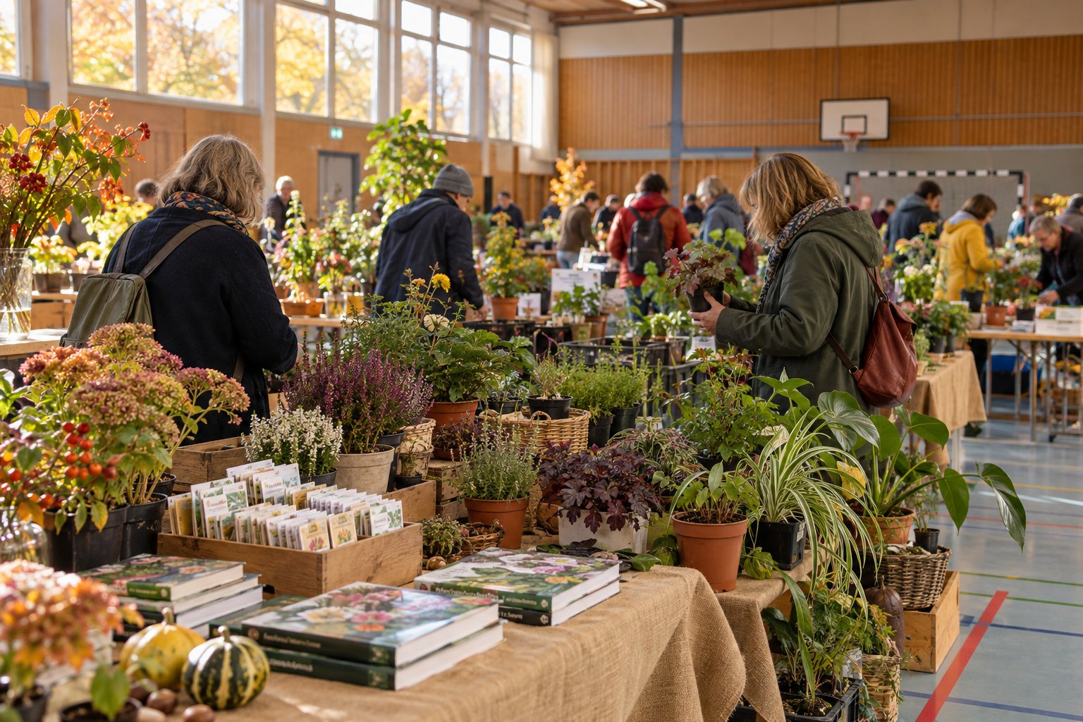 Herbstlicher Pflanzenmarkt in einer Sporthalle – KI-generiertes Symbolbild