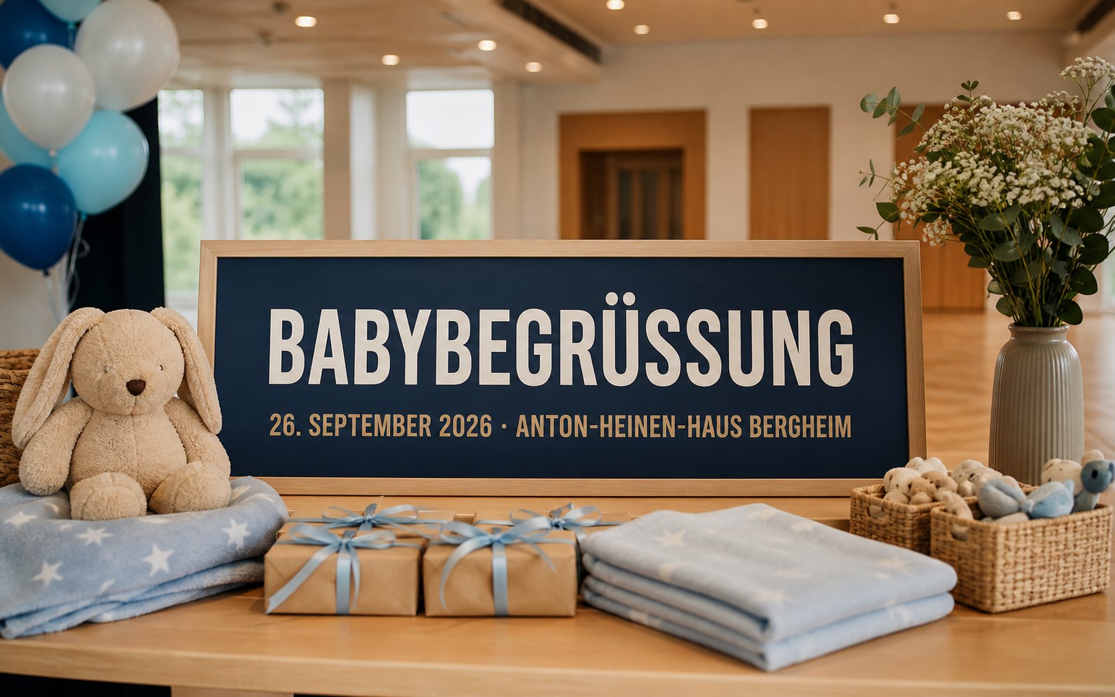 Helles Terminplakat zur Babybegrüßung im Anton-Heinen-Haus Bergheim