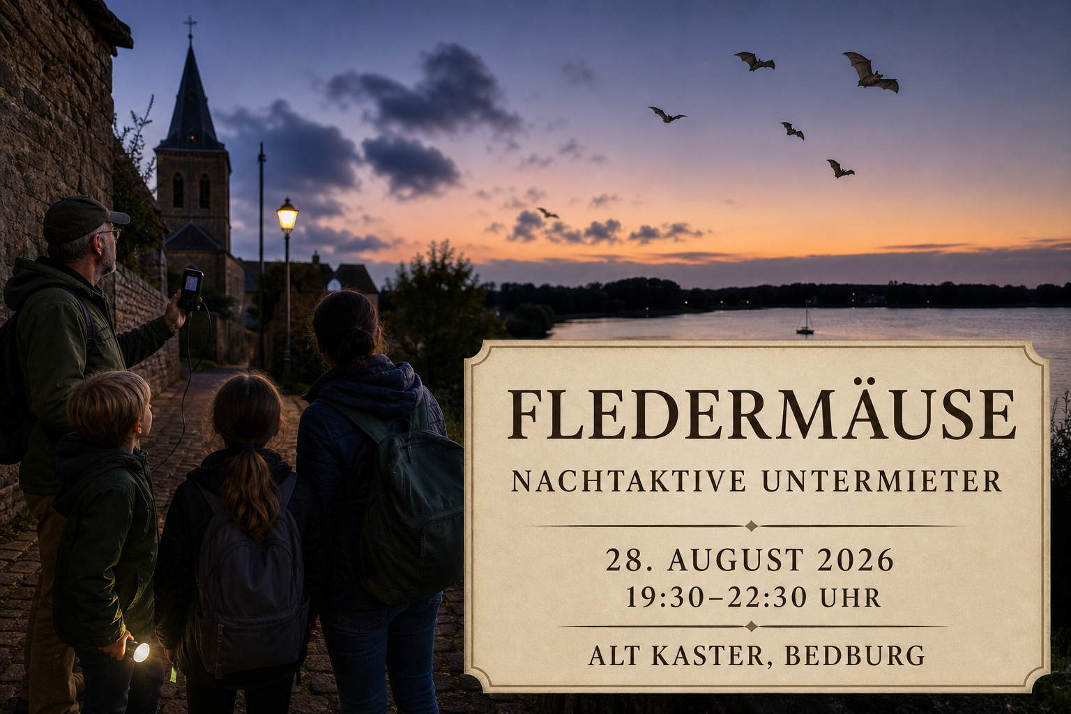 Veranstaltungsplakat zur Fledermausexkursion in Alt Kaster