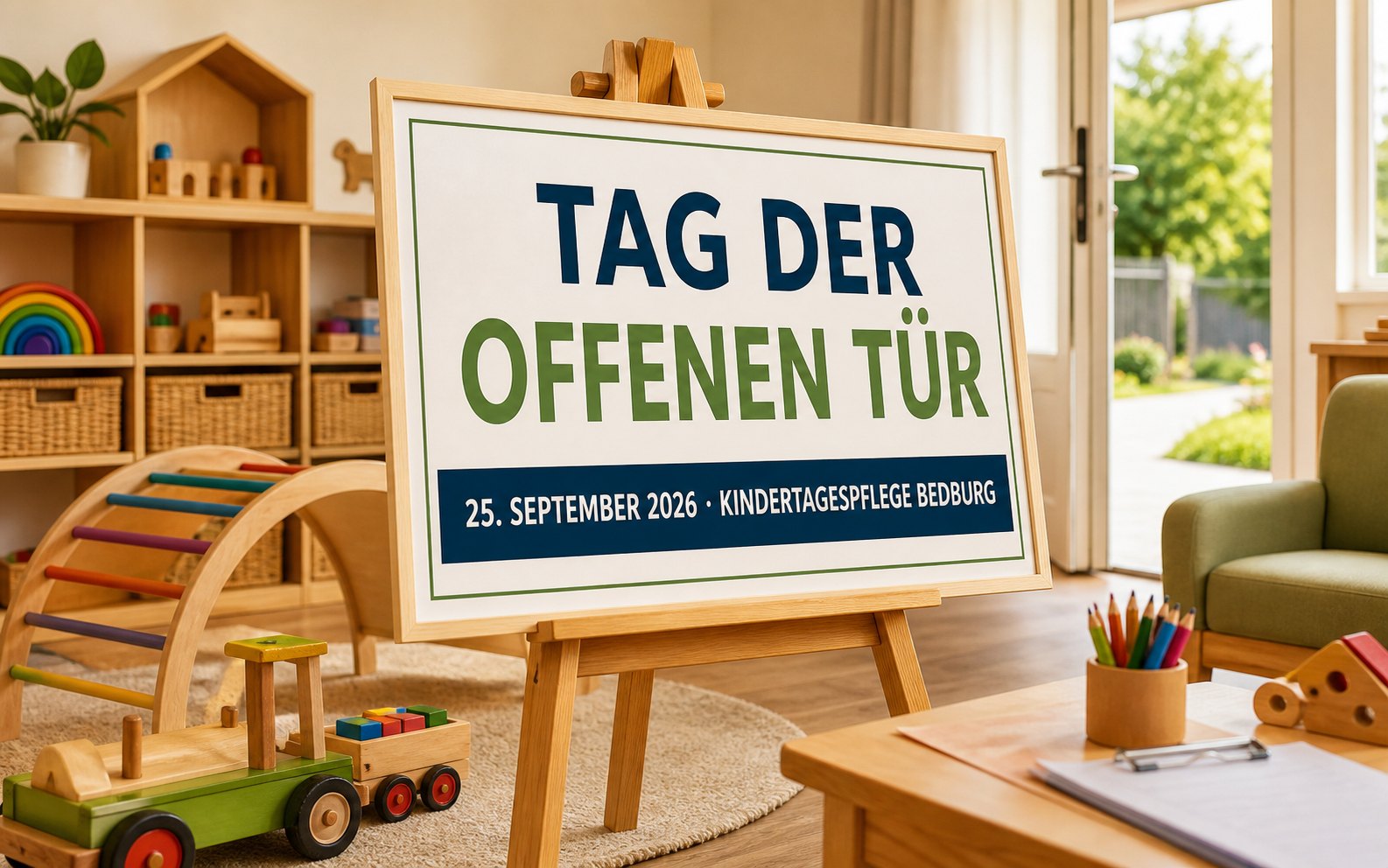 Familienfreundliches Terminplakat zum Tag der offenen Tür in der Bedburger Kindertagespflege
