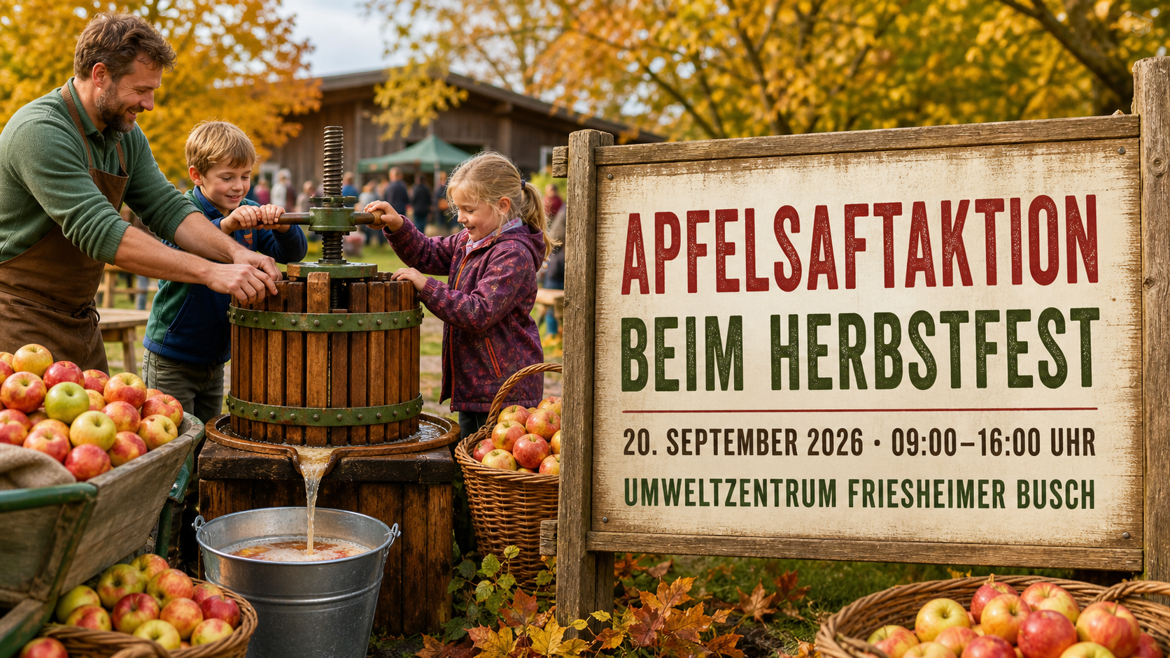 Familien pressen beim Herbstfest frische Äpfel zu Saft