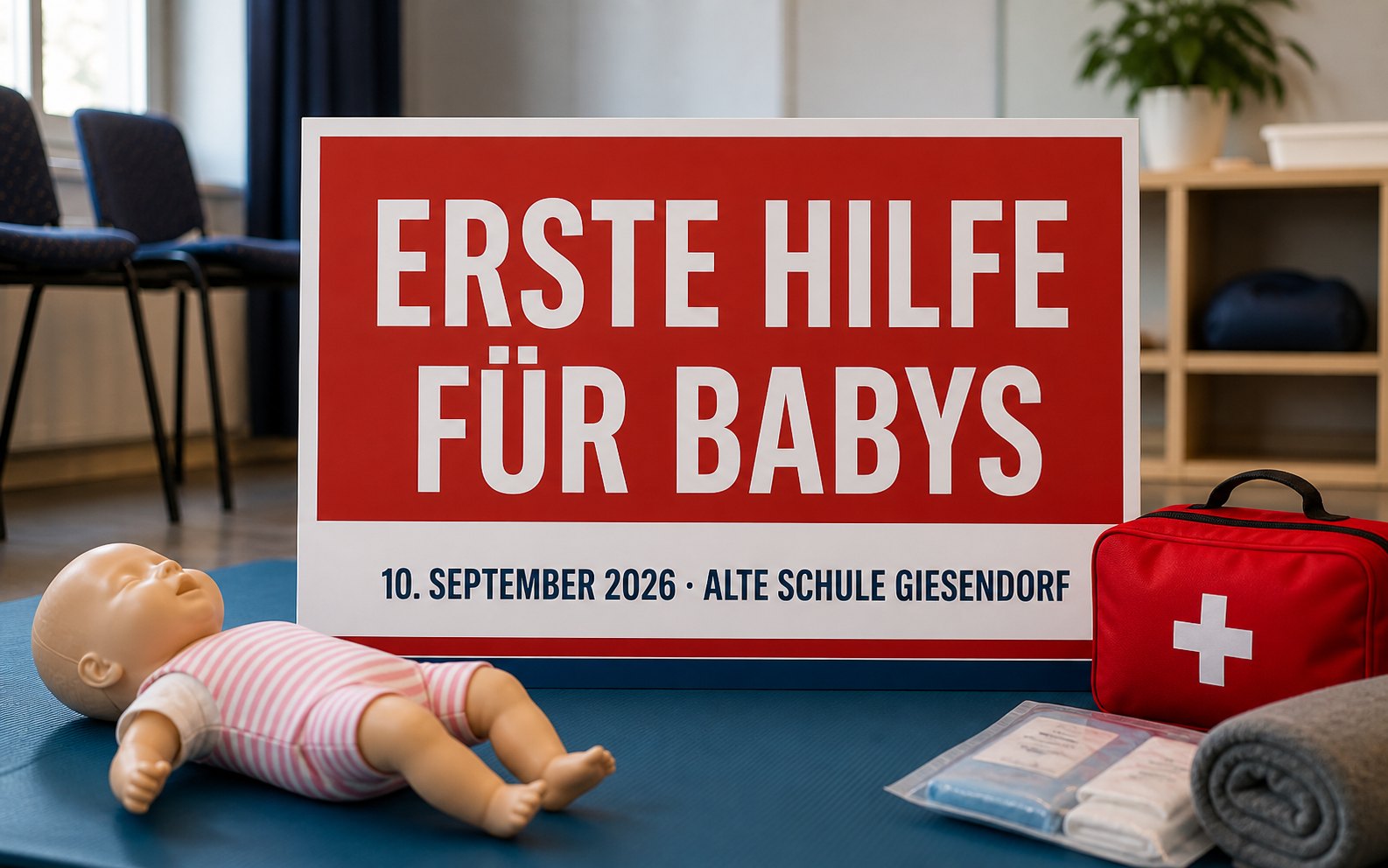 Sachliches Terminplakat zum Erste-Hilfe-Kurs für Babys und Kleinkinder in Elsdorf