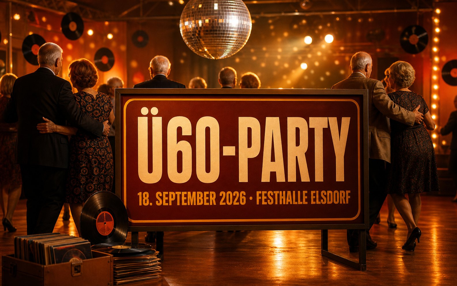 Festliches Terminplakat zur Ü60-Party in der Festhalle Elsdorf