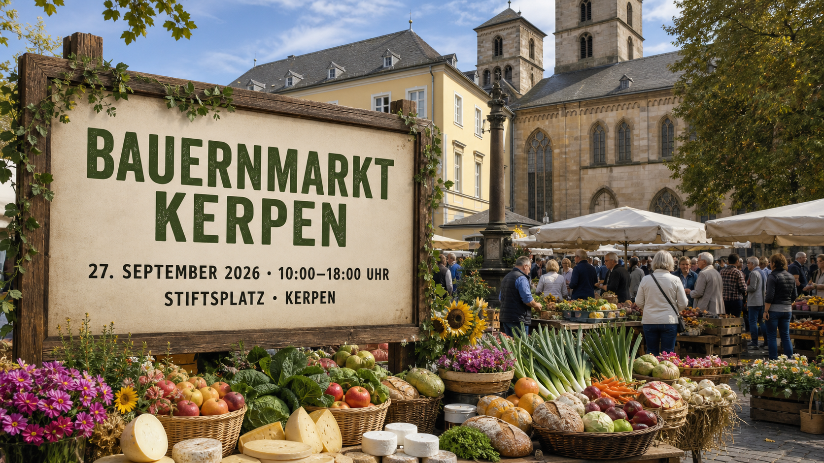Bauernmarkt mit regionalen Lebensmitteln auf dem Kerpener Stiftsplatz