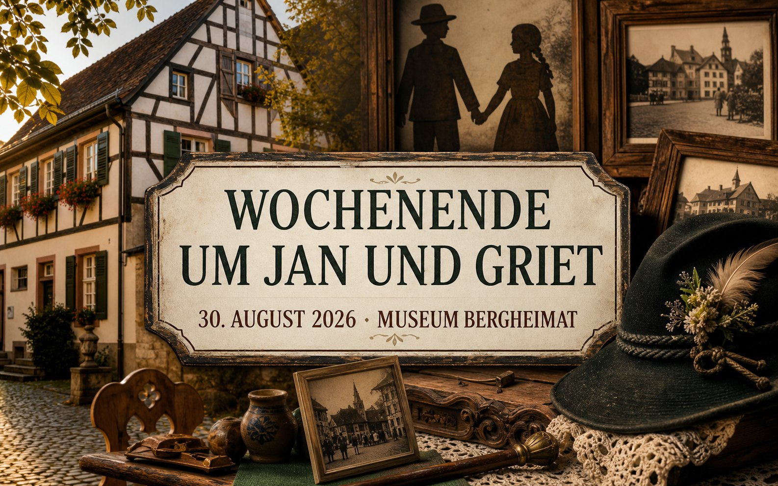 Historisch gestaltetes Terminplakat Wochenende um Jan und Griet im Museum BERGHEIMAT