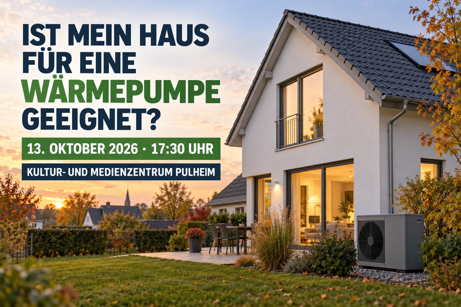 Veranstaltungsplakat mit Wohnhaus, Wärmepumpe, Datum, Uhrzeit und Veranstaltungsort