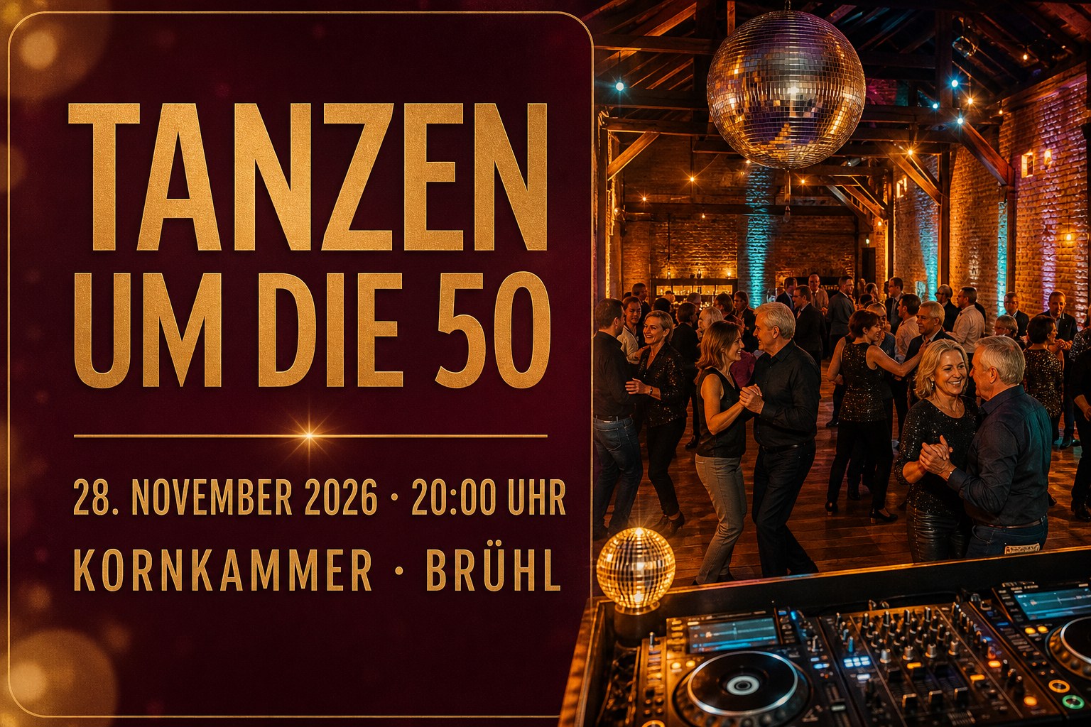 Hochwertiges Terminplakat zur Party Tanzen um die 50 in der Kornkammer Brühl am 28. November 2026