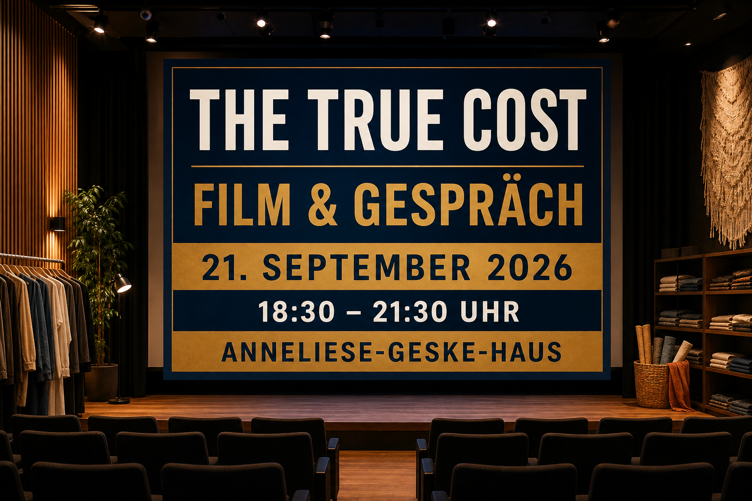 Veranstaltungsplakat zum Filmabend The True Cost im Anneliese-Geske-Haus
