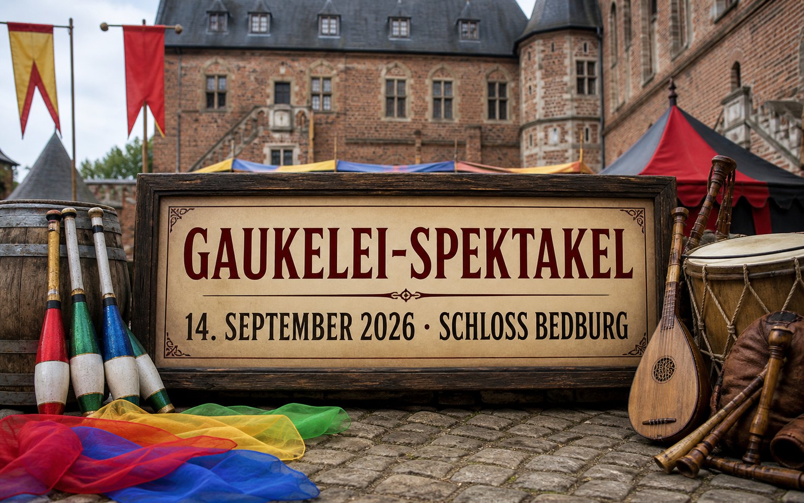 Historisch inszeniertes Terminplakat für das Gaukelei Spektakel am Schloss Bedburg