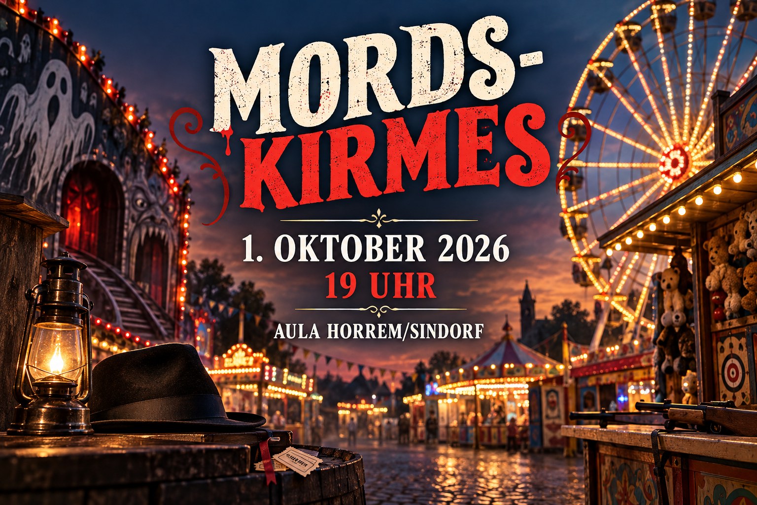 Erftpost-Veranstaltungsplakat zur Krimilesung Mords-Kirmes am 1. Oktober 2026 in Kerpen