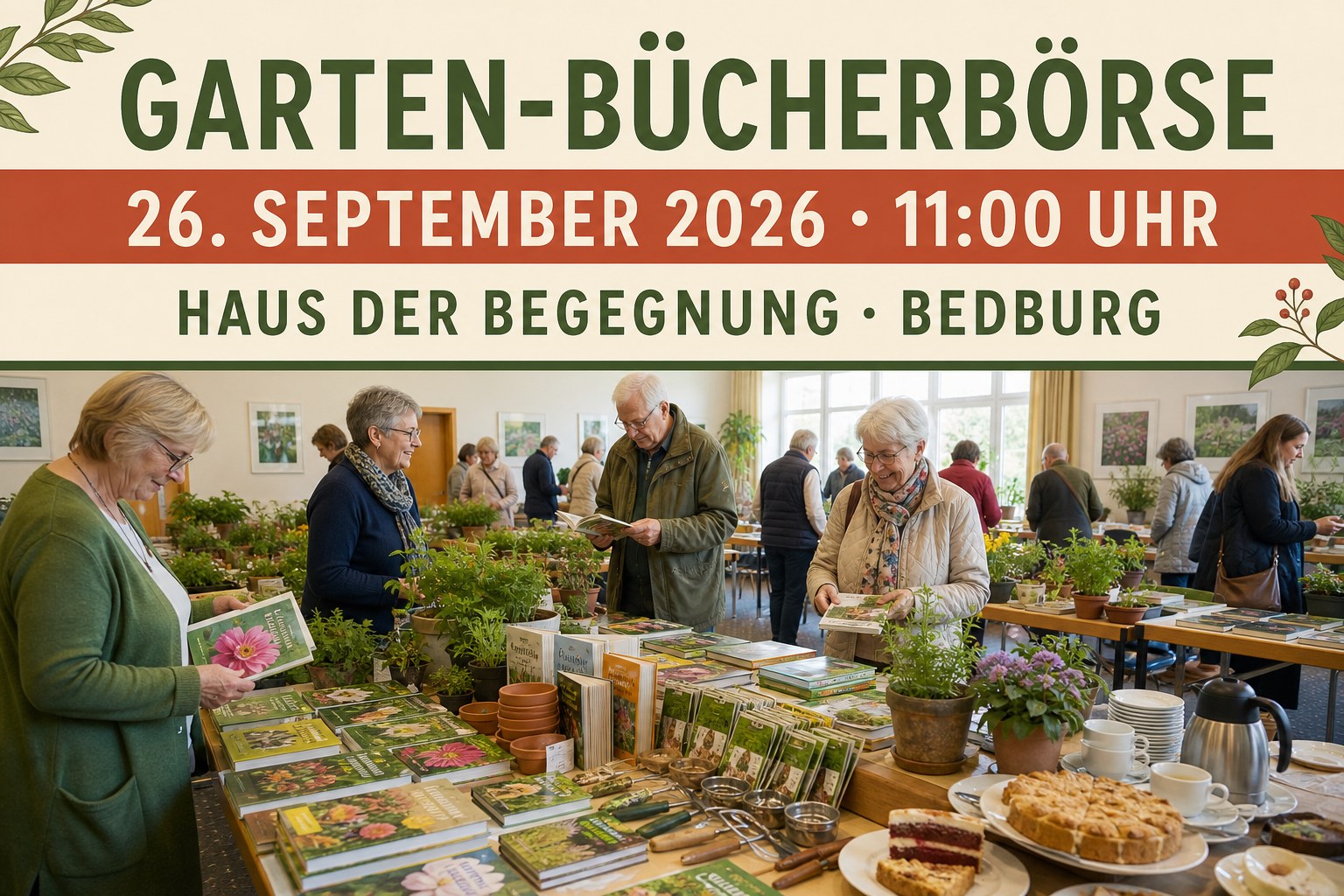 Veranstaltungsplakat für die Garten-Bücherbörse im Haus der Begegnung Bedburg am 26. September 2026