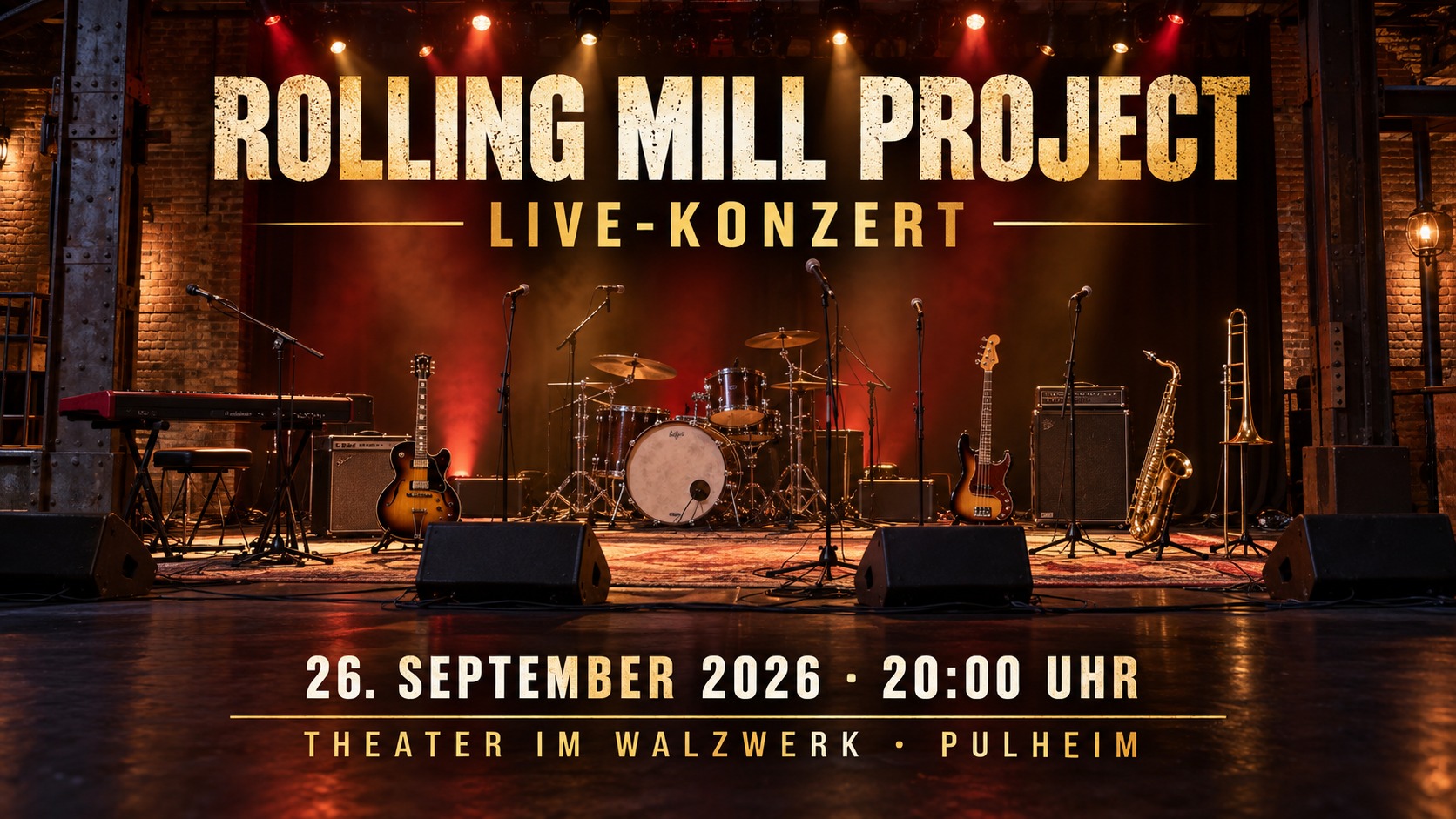 Symbolbild: Achtköpfige Coverband bei einem Live-Konzert in industrieller Theaterkulisse