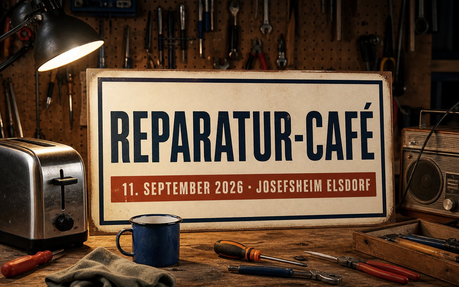 Werkstattnahes Terminplakat für das Reparatur-Café in Elsdorf
