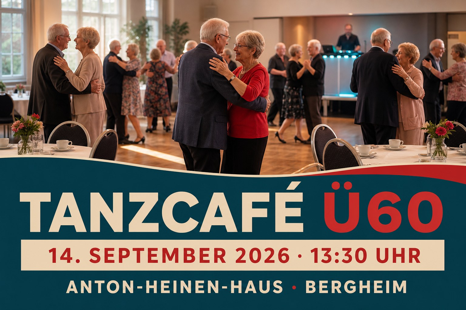 Veranstaltungsplakat für das Tanzcafé Ü60 im Anton-Heinen-Haus Bergheim am 14. September 2026
