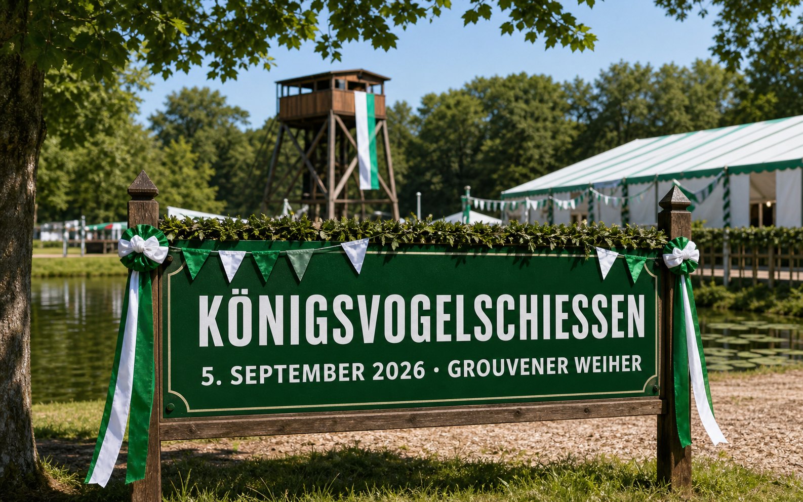 Traditionelles Terminplakat zum Königsvogelschießen am Grouvener Weiher