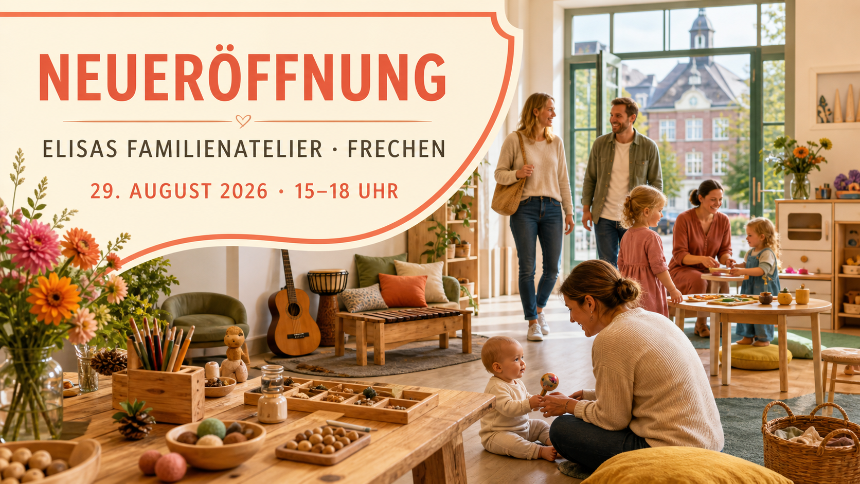 Individuelles Erftpost-Veranstaltungsplakat zur Neueröffnung von Elisas Familienatelier in Frechen