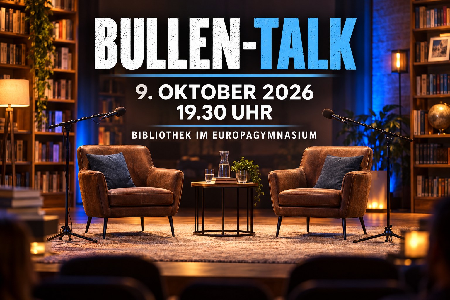 Erftpost-Veranstaltungsplakat zum Bullen-Talk am 9. Oktober 2026 in der Bibliothek des Europagymnasiums Kerpen