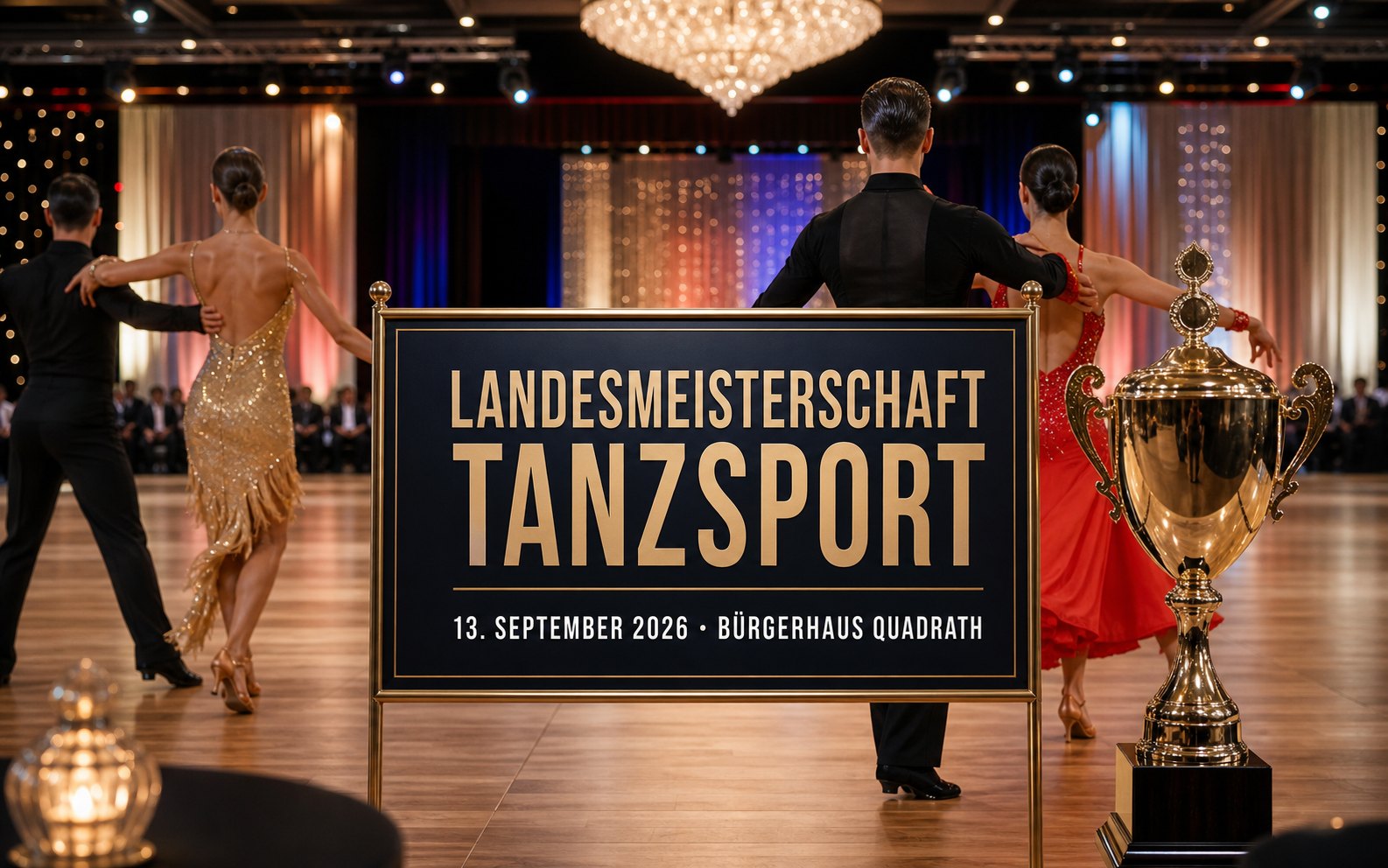 Elegantes Terminplakat zur Landesmeisterschaft Standard und Latein im Bürgerhaus Quadrath