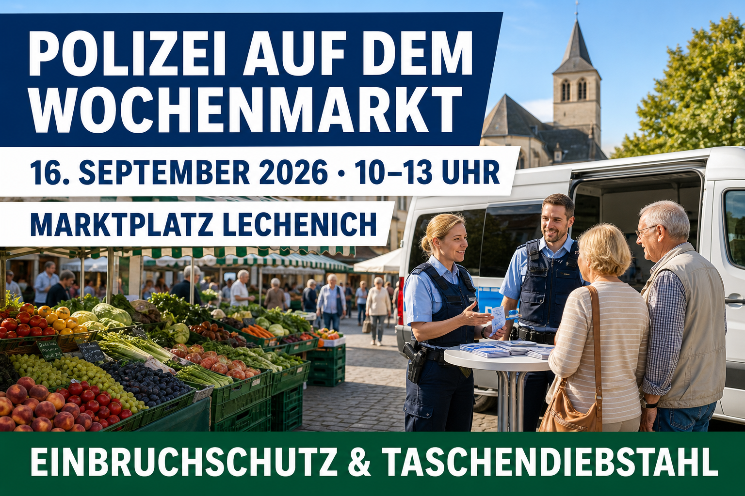 Realitätsnahes Werbemotiv zur Polizeiberatung auf dem Wochenmarkt in Erftstadt-Lechenich