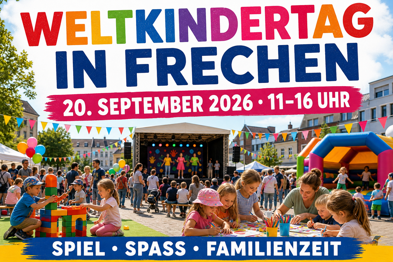 Farbenfrohes realistisches Werbemotiv zum Weltkindertag auf dem Johann-Schmitz-Platz in Frechen