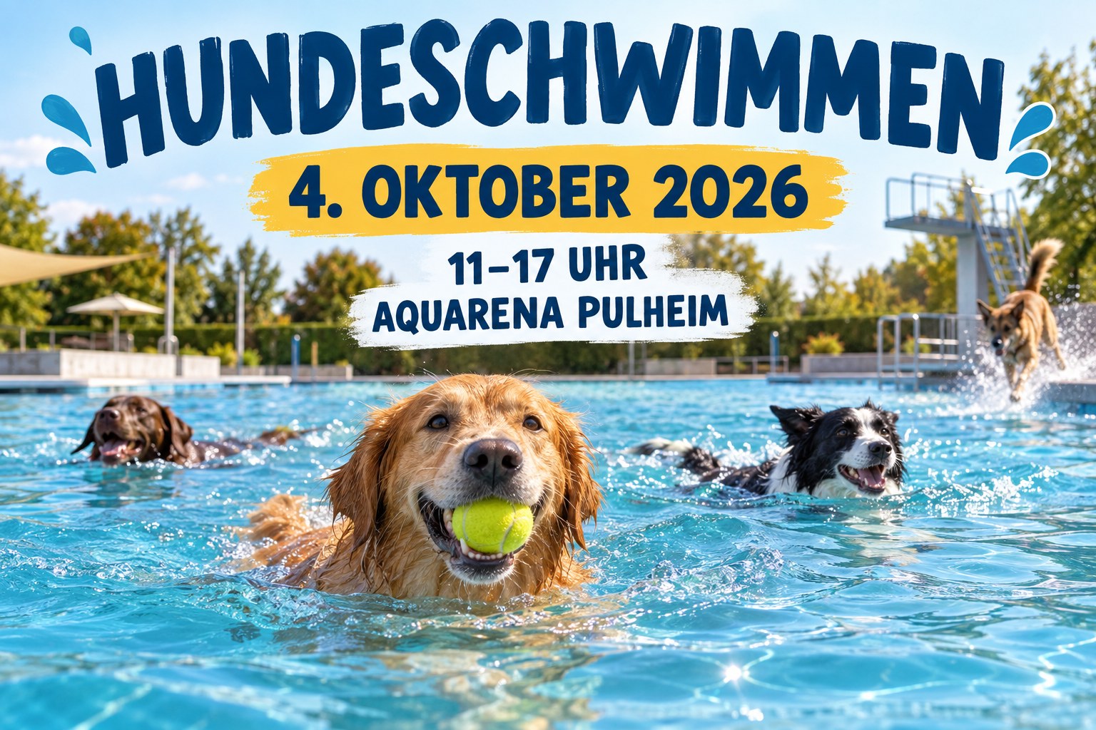 Mehrere Hunde schwimmen im Freibad der Aquarena Pulheim; Veranstaltungsplakat zum Hundeschwimmen am 4. Oktober 2026