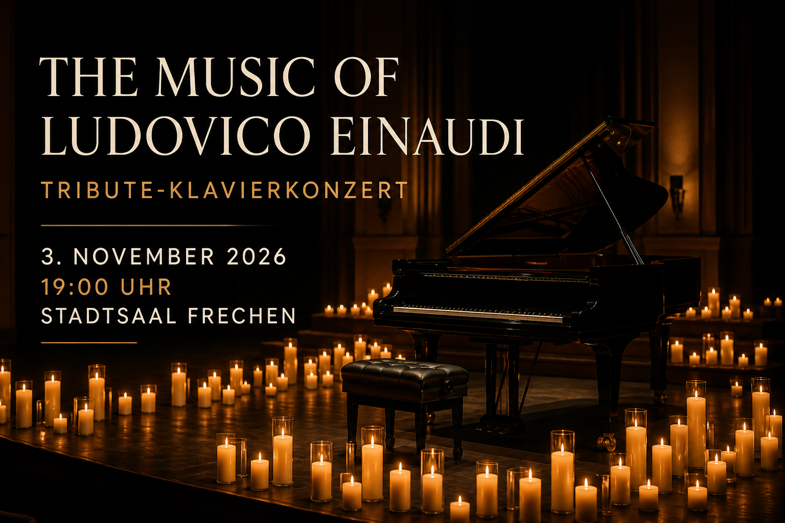 Veranstaltungsplakat zum Tribute-Klavierkonzert mit Musik von Ludovico Einaudi im Stadtsaal Frechen