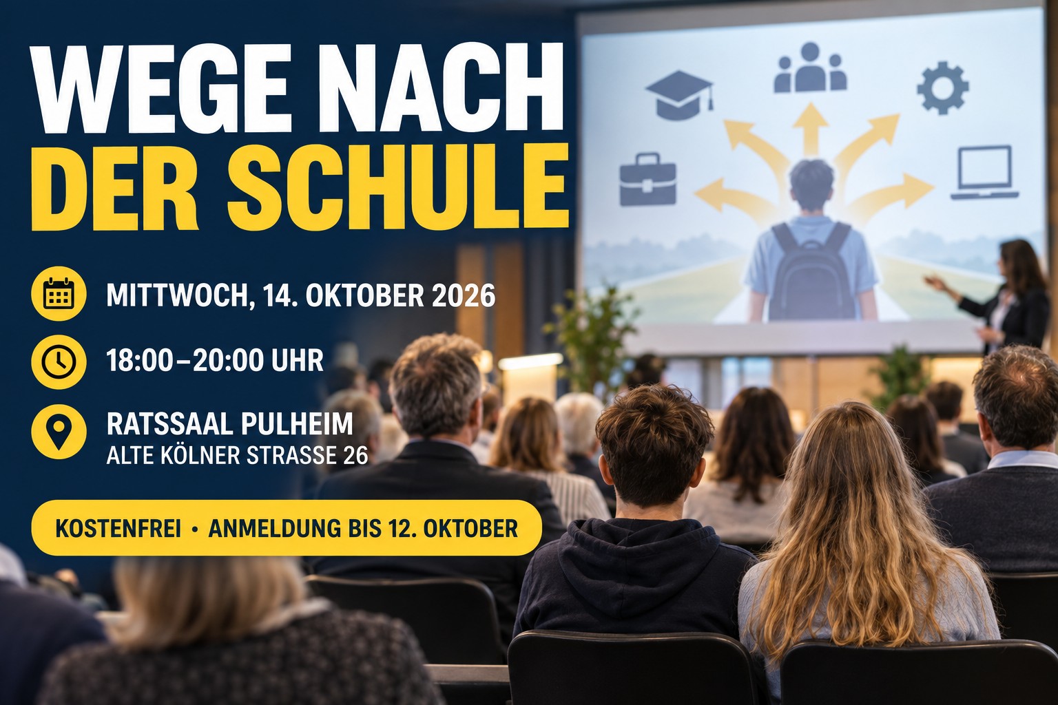 Veranstaltungsplakat zum Informationsabend Wege nach der Schule am 14. Oktober 2026 im Ratssaal Pulheim