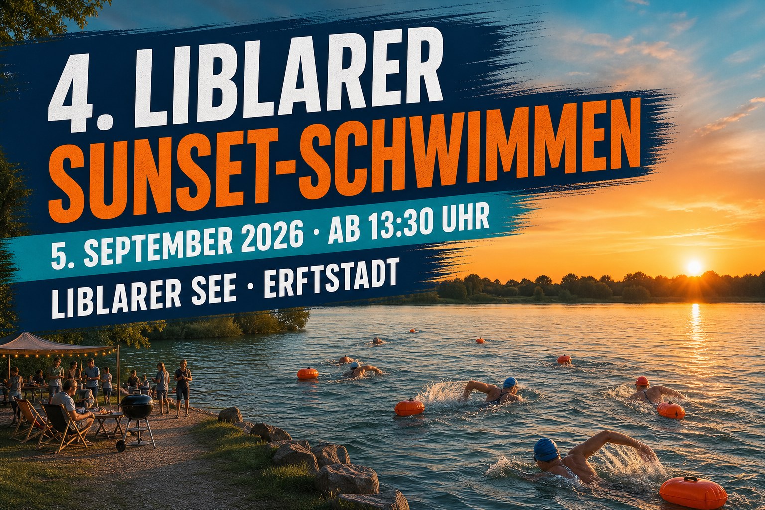 Sportliches Terminplakat zum vierten Liblarer SunSet-Schwimmen am Liblarer See