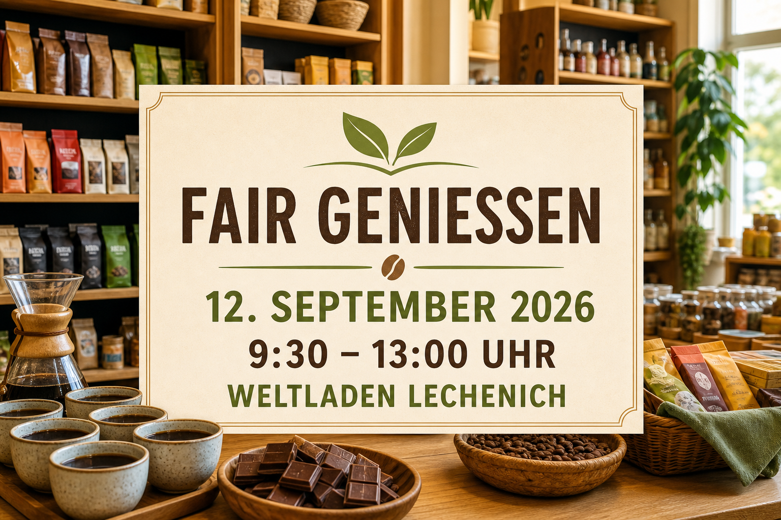 Veranstaltungsbild mit fair gehandeltem Kaffee und Schokolade im Weltladen