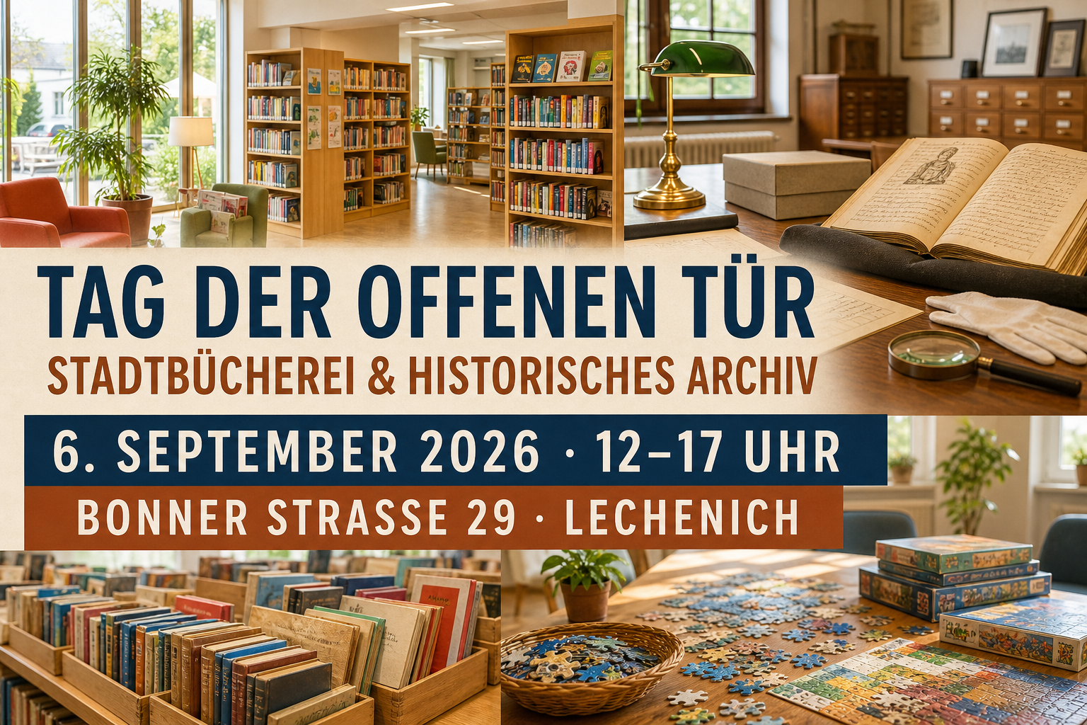 Realitätsnahes Werbemotiv zum Tag der offenen Tür von Stadtbücherei und Historischem Archiv in Erftstadt-Lechenich