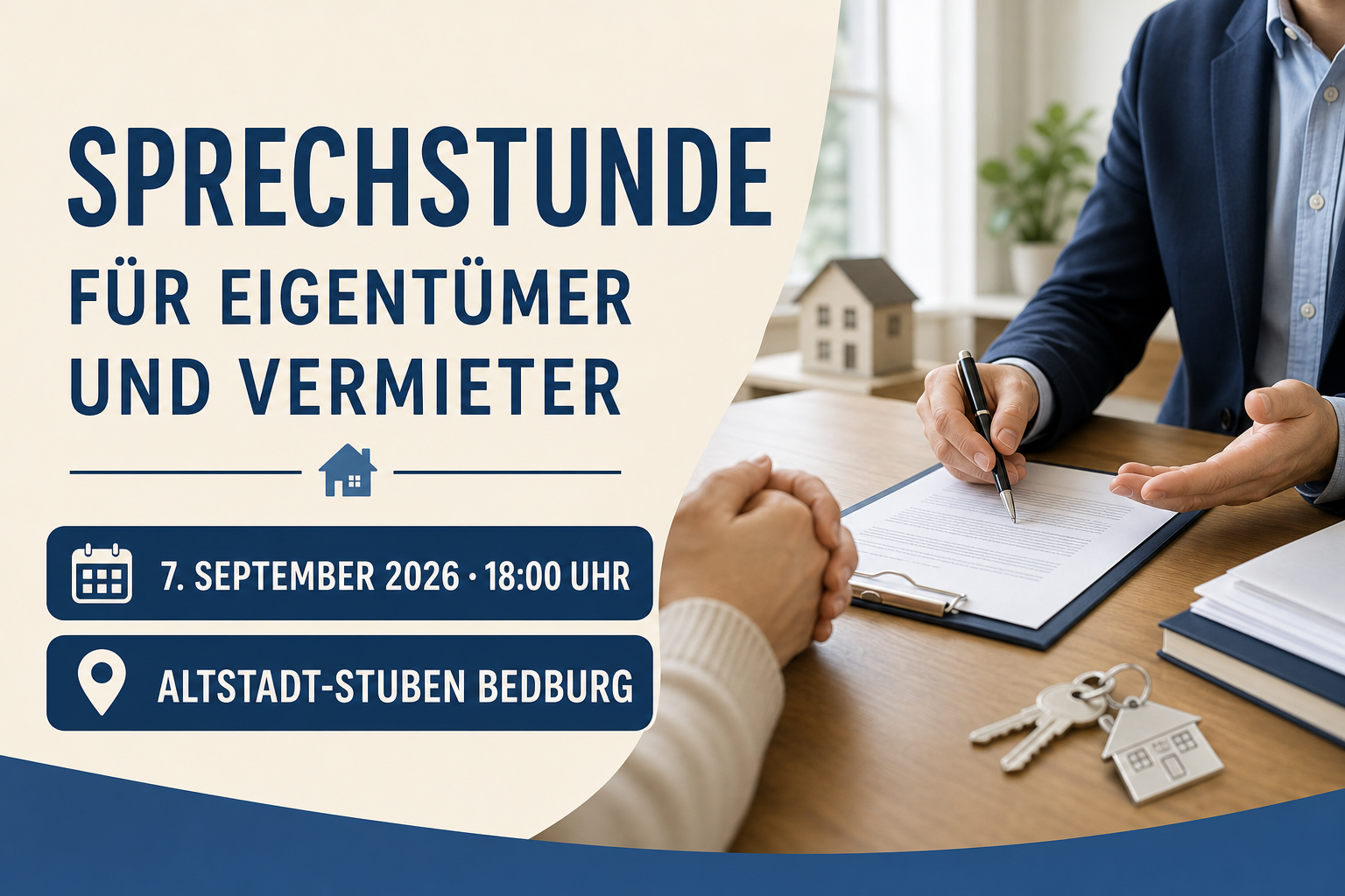 Veranstaltungsplakat zur Sprechstunde für Eigentümer und Vermieter