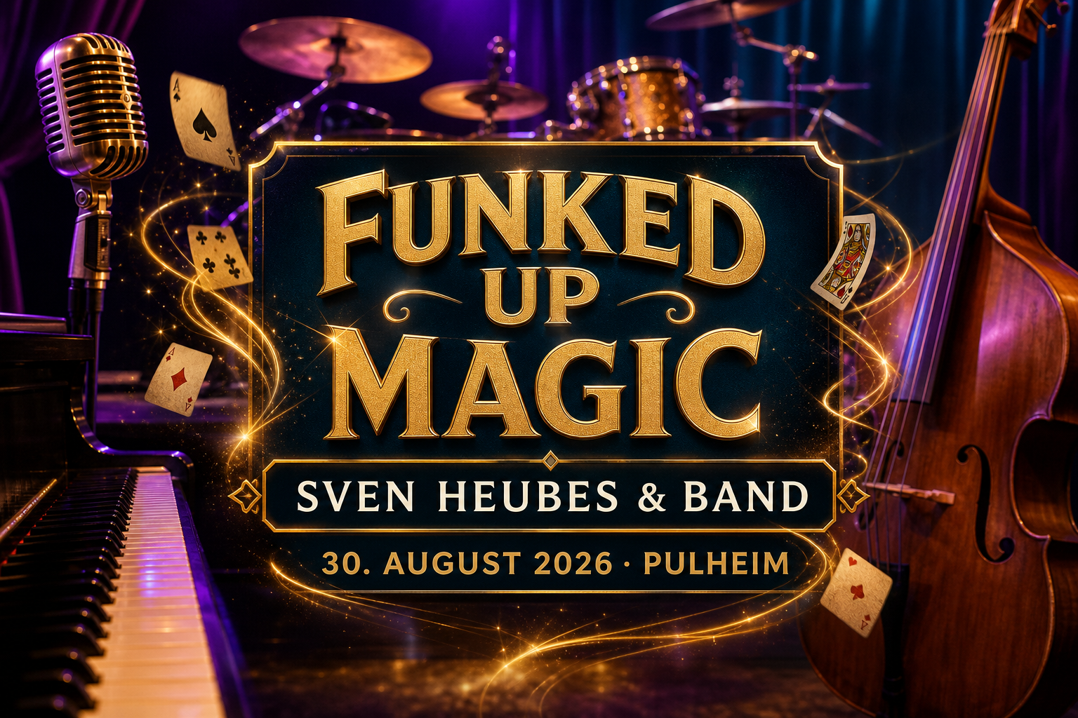 Terminmotiv für Funked Up Magic mit Instrumenten, Spielkarten und Bühnenlicht