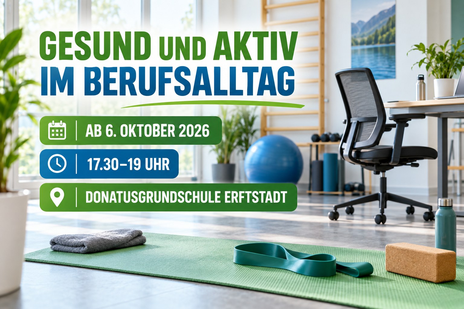 Erftpost-Veranstaltungsplakat zum VHS-Kurs Gesund und aktiv im Berufsalltag ab 6. Oktober 2026 in Erftstadt