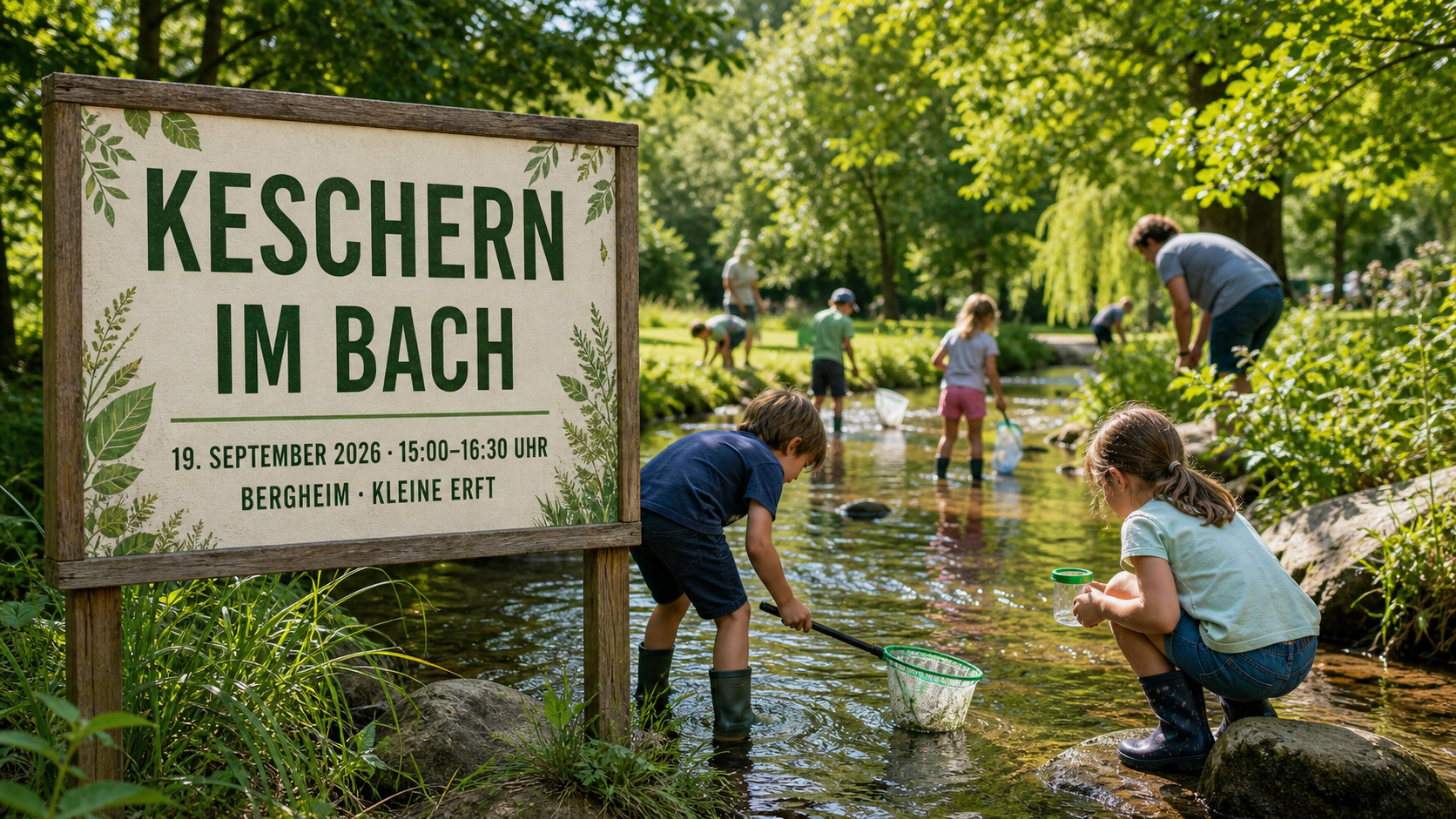 Kinder untersuchen mit Keschern einen flachen Bach