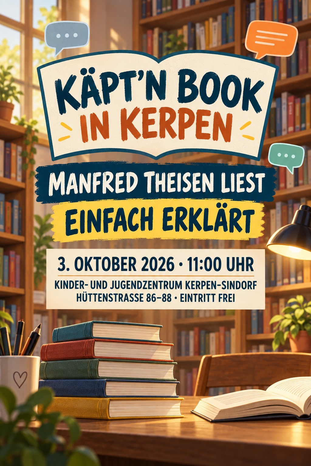 Veranstaltungsplakat für die Käpt’n-Book-Lesung mit Manfred Theisen am 3. Oktober 2026 in Kerpen-Sindorf