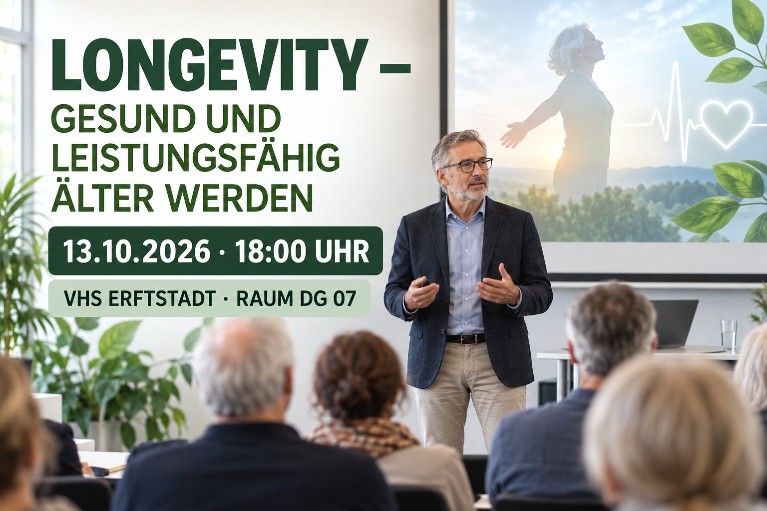 Veranstaltungsillustration zum VHS-Vortrag über gesundes und leistungsfähiges Älterwerden