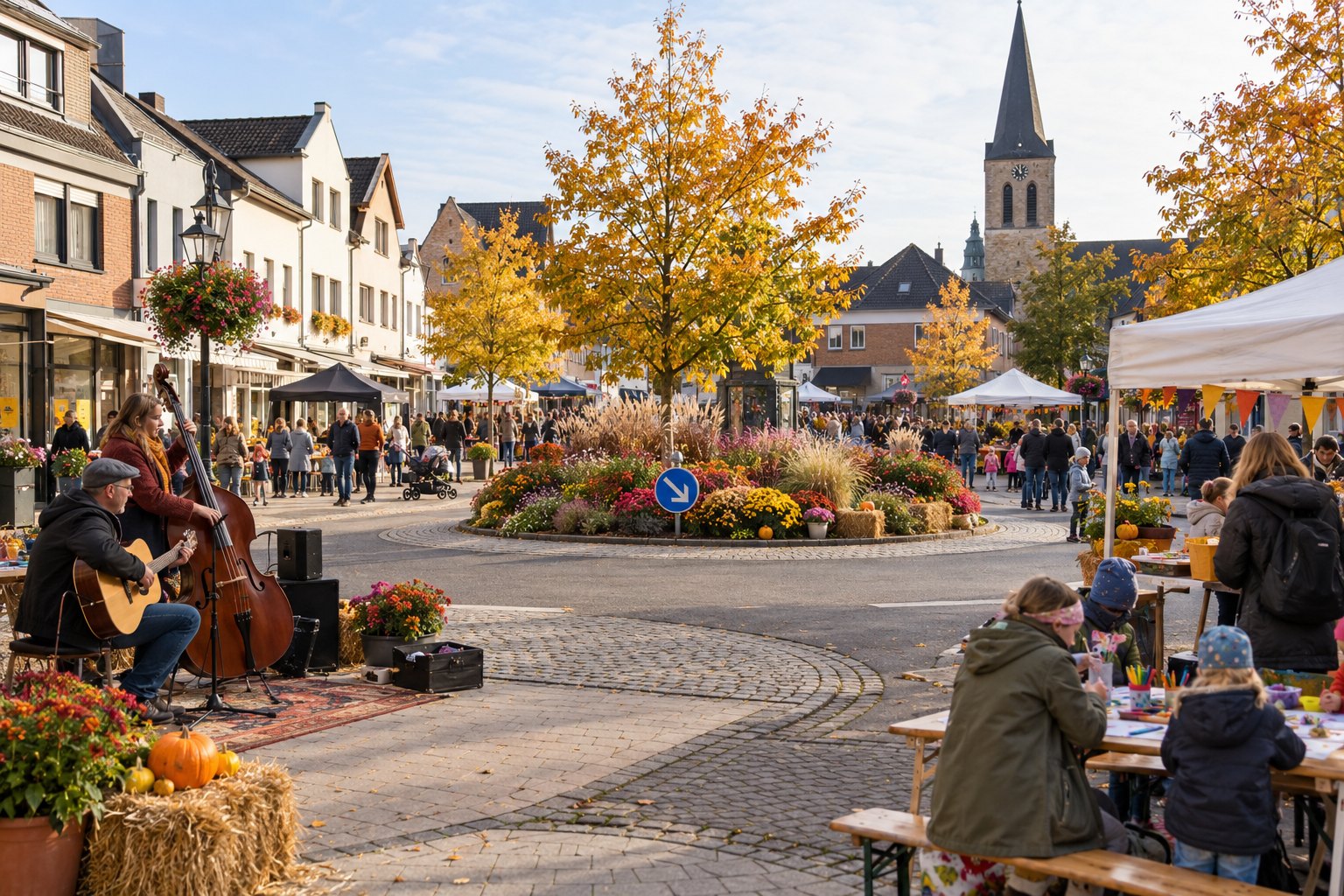 Herbstliches Straßenfest rund um einen Kreisverkehr – KI-generiertes Symbolbild