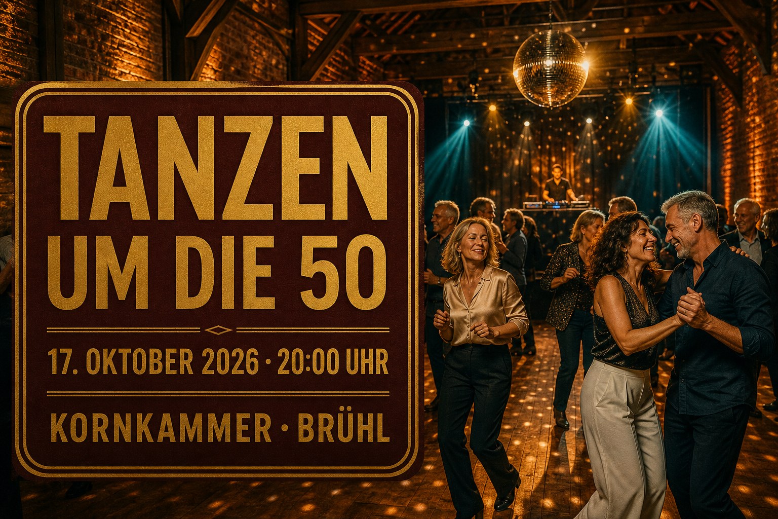 Hochwertiges Terminplakat zur Party Tanzen um die 50 in der Kornkammer Brühl am 17. Oktober 2026