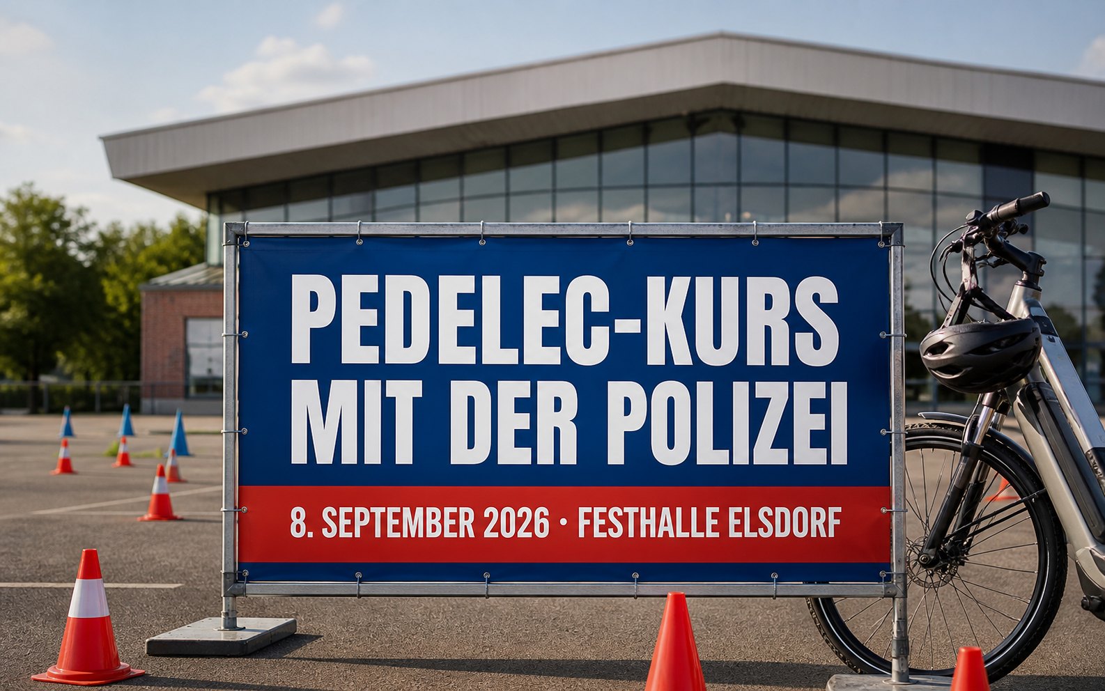 Terminplakat für einen realitätsnah dargestellten Pedelec-Sicherheitskurs in Elsdorf