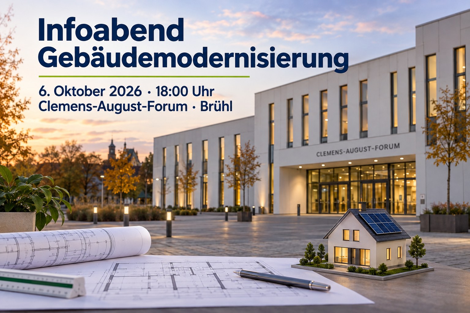 Veranstaltungsplakat für den Infoabend zur Gebäudemodernisierung im Clemens-August-Forum in Brühl