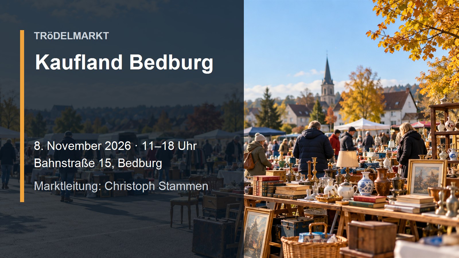 Veranstaltungsplakat zum Trödelmarkt am Kaufland Bedburg
