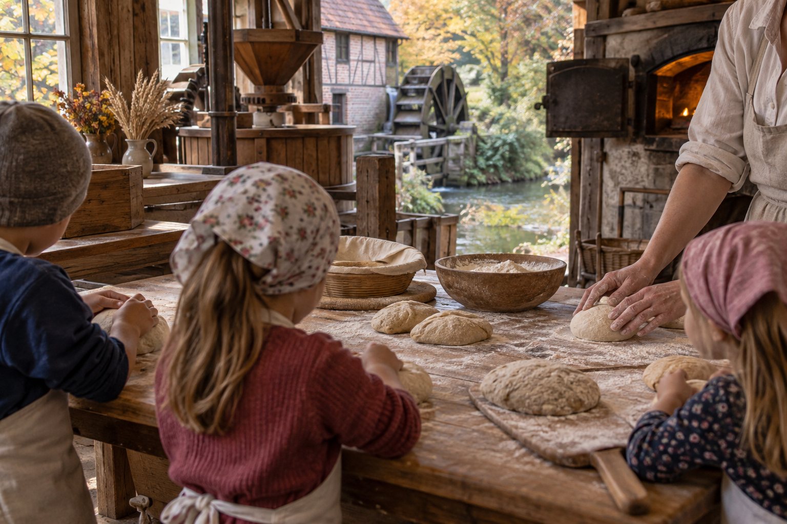 Kinder und eine erwachsene Person beim gemeinsamen Backen in einer historischen Mühle