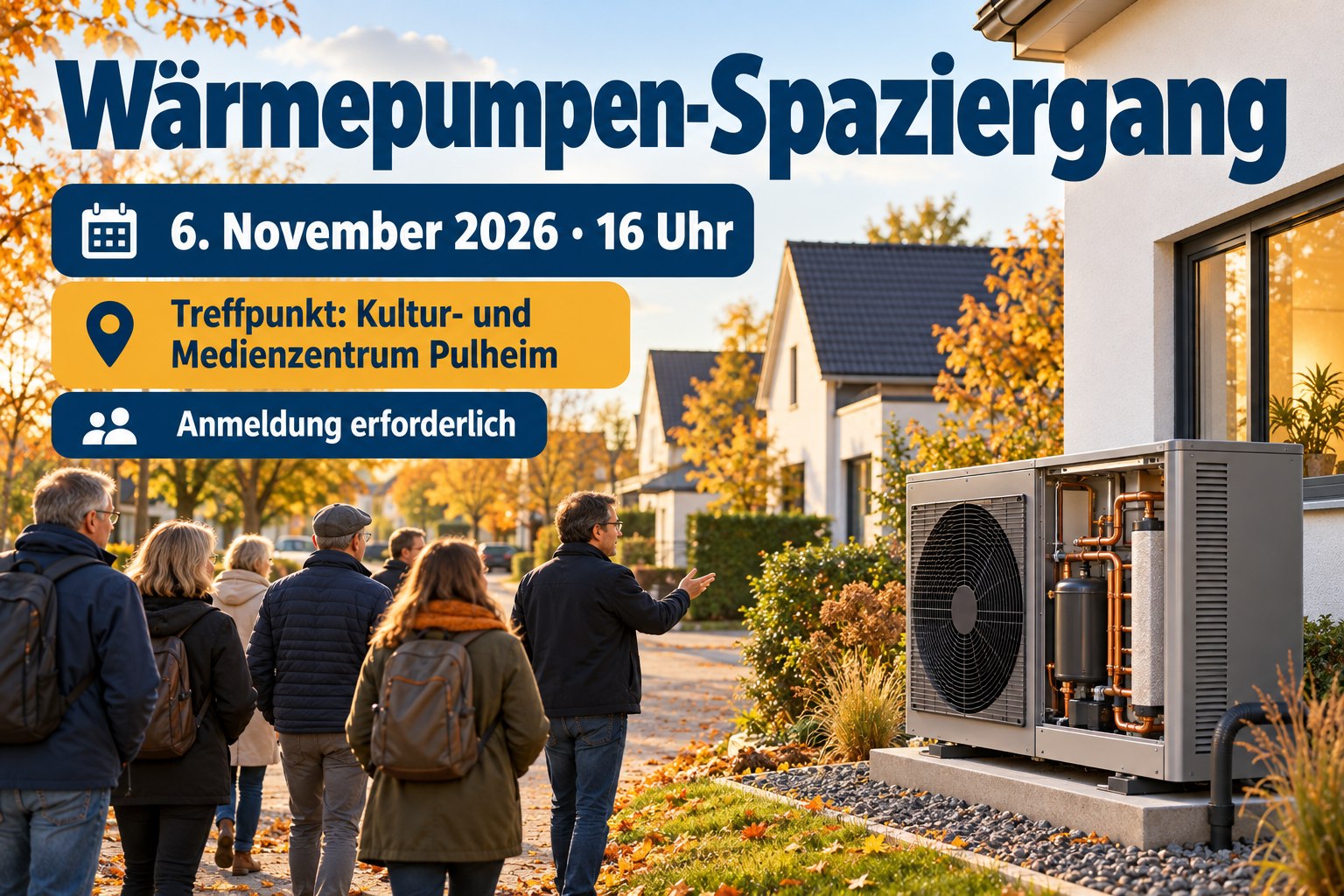 Veranstaltungsplakat für den Wärmepumpen-Spaziergang in Pulheim