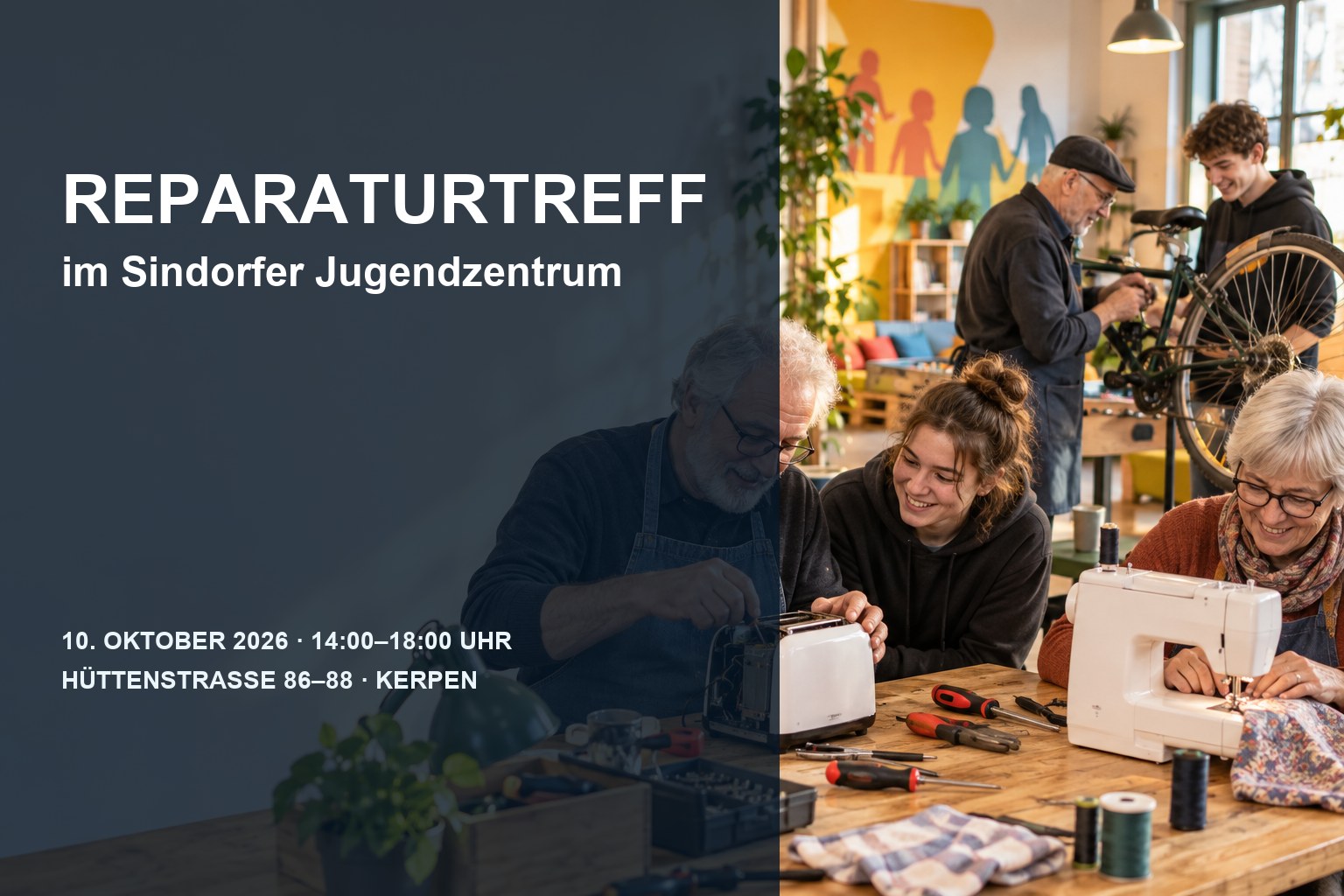Veranstaltungsplakat zu Reparaturtreff im Sindorfer Jugendzentrum