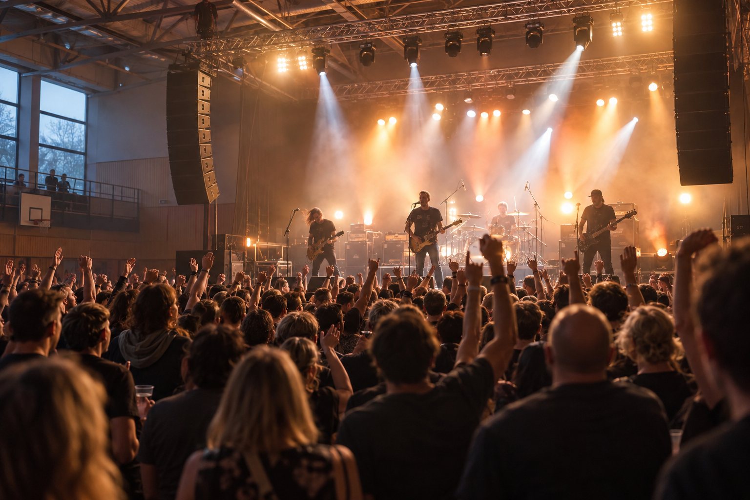 Konzertpublikum und Band auf einer Bühne in einer Veranstaltungshalle