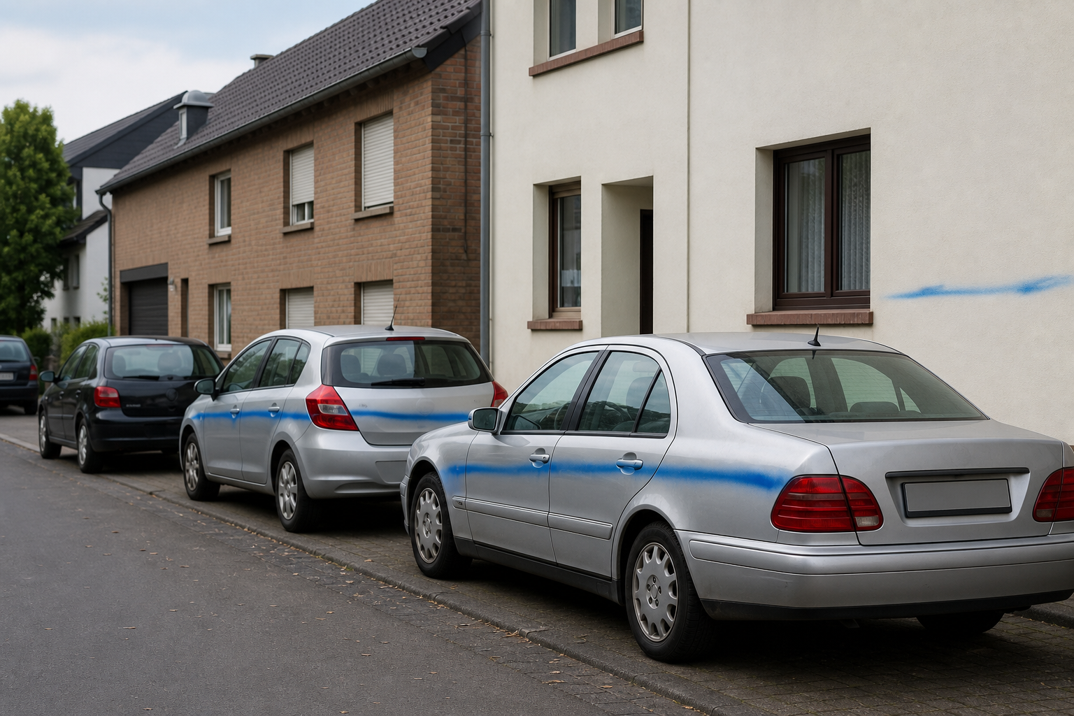 Symbolbild von mit blauer Farbe besprühten Autos in einer Wohnstraße