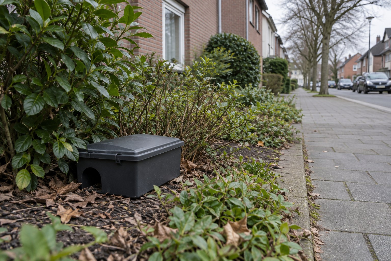 Gesicherte Köderbox in einer öffentlichen Grünfläche an einer Wohnstraße in Frechen