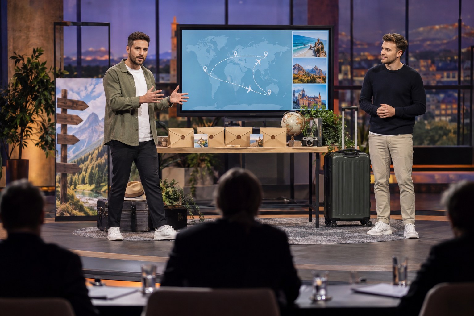 Symbolbild zweier Gründer bei der Präsentation eines Überraschungs-Reisekonzepts